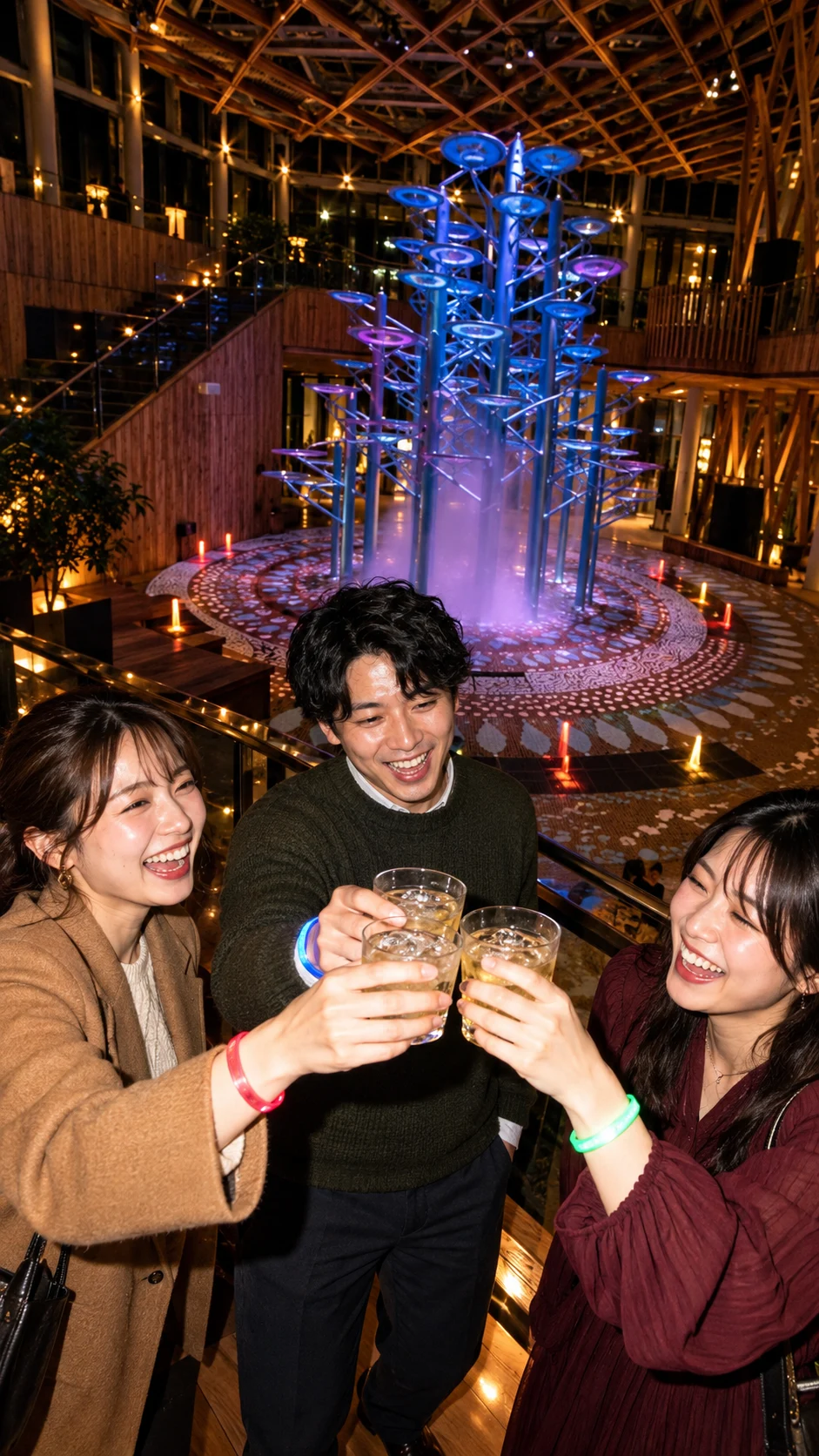 光る腕輪を着けた三人が笑顔で乾杯するイメージ